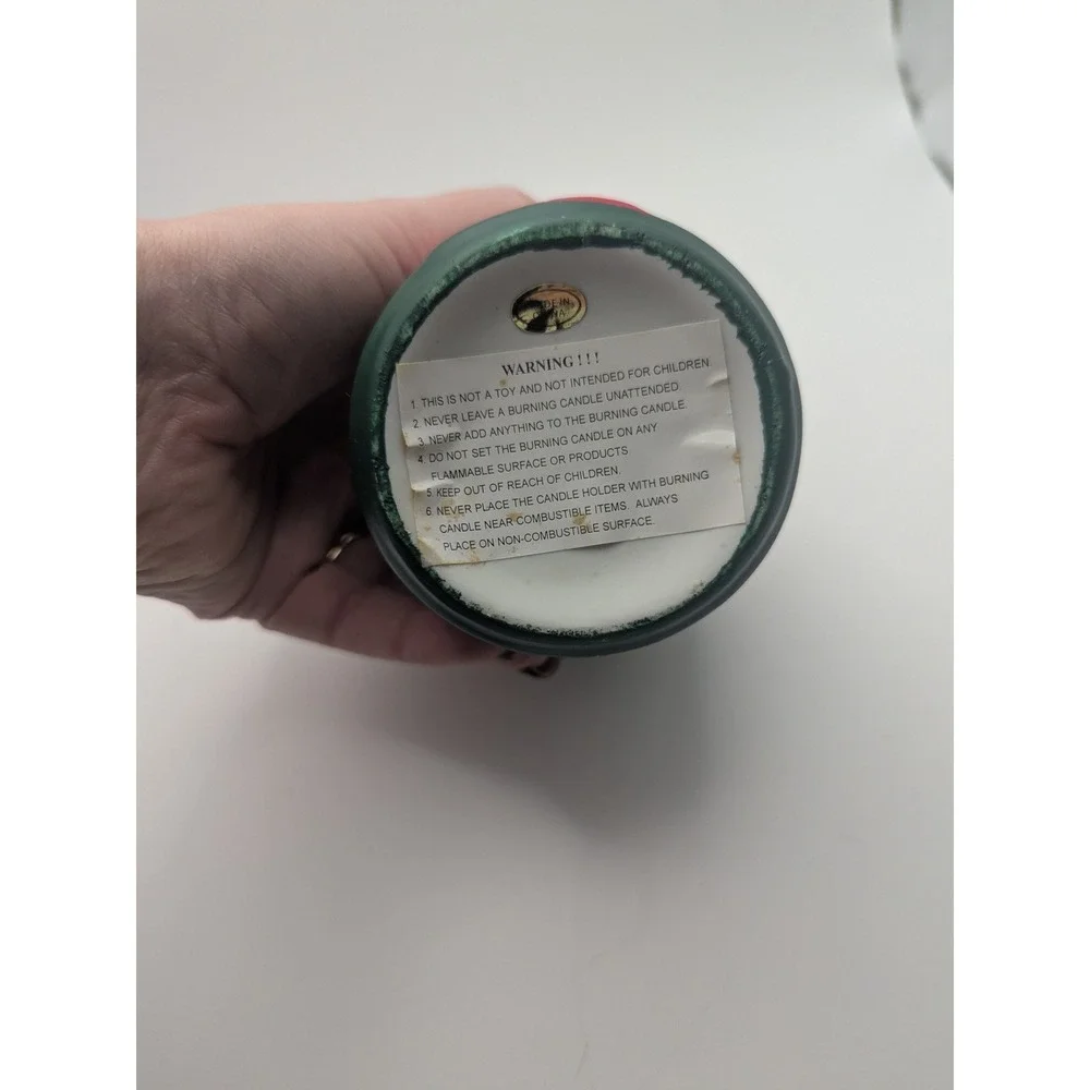 Vtg Christmas Dolgencorp Santa Candle Green Ceramic Jar with Lid Merry Christmas